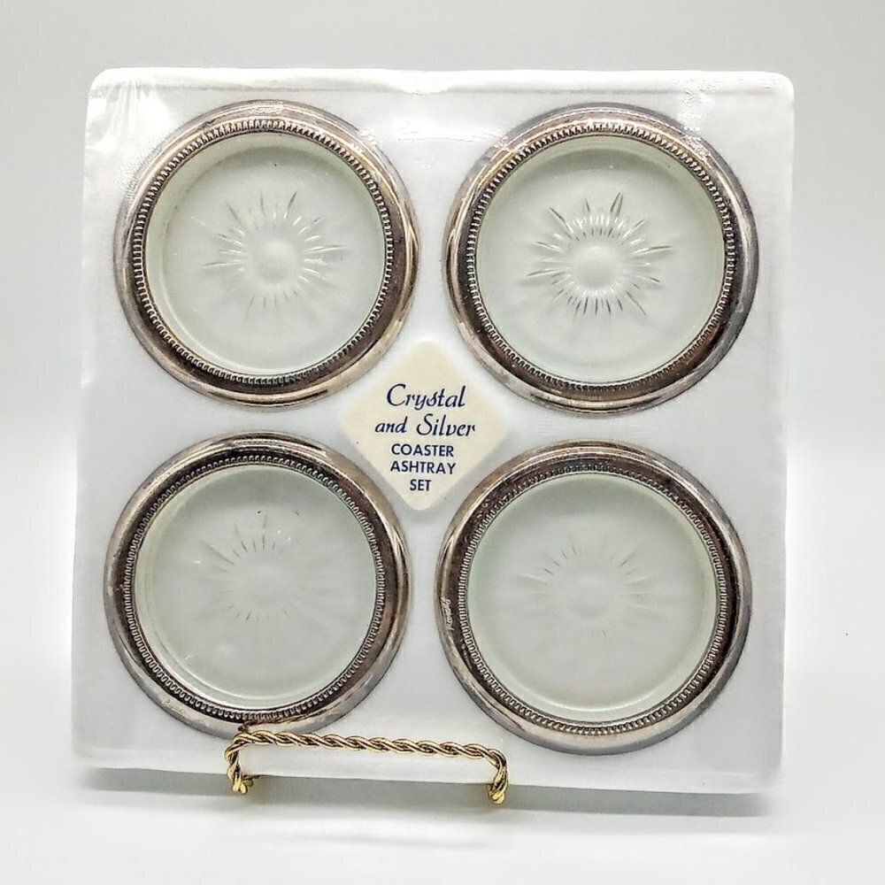 Vintage Leonard Crystal Silver Coaster Ashtray Set NIB